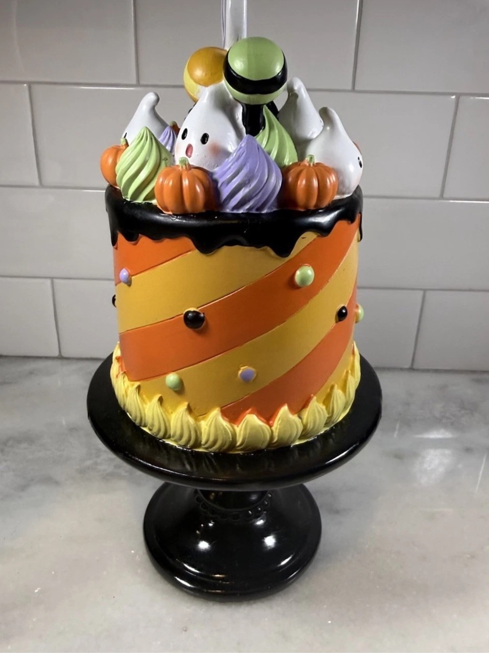 NEW!  12” Sweet Treats Faux Halloween Cake With Ghosts and Candy on pedestal